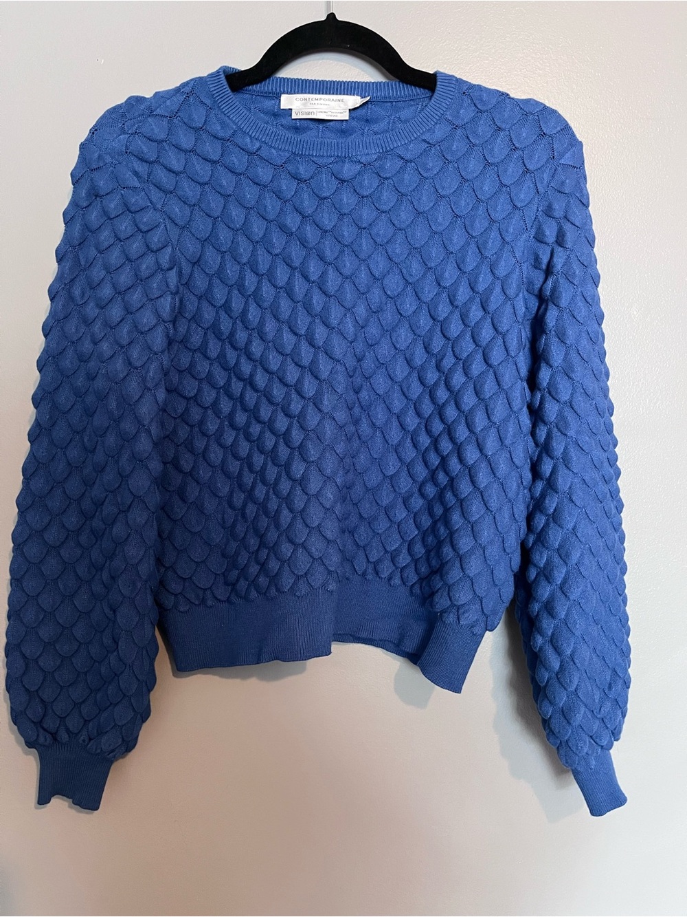 Contemporaine Simons Viscose Blue Textured Puff Sleeve Sweater L - Picture 4 of 9